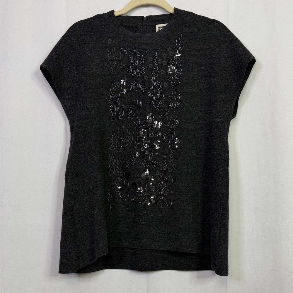 Anne Klein Charcoal Embellished Mock Neck Short Sleeve Sweater